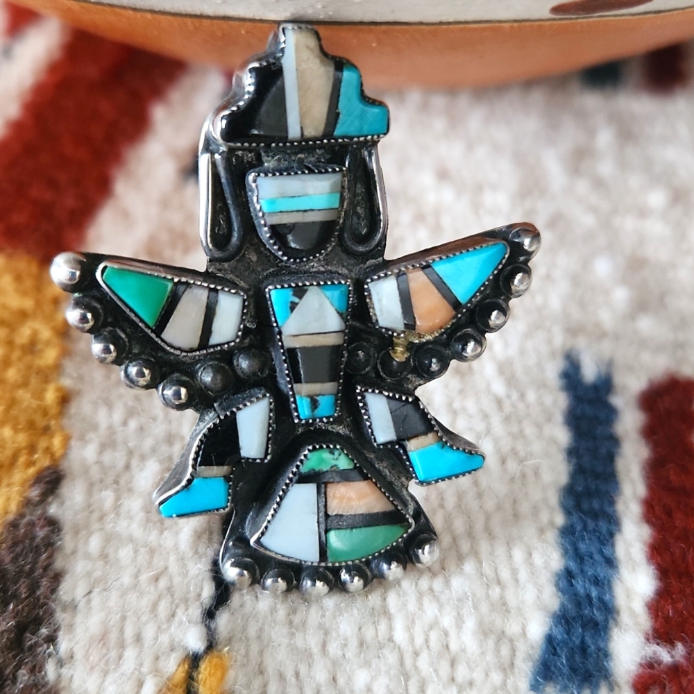Vintage Native American Zuni Inlaid Knife-wing Multi-stone Pin 💙🖤🧡
